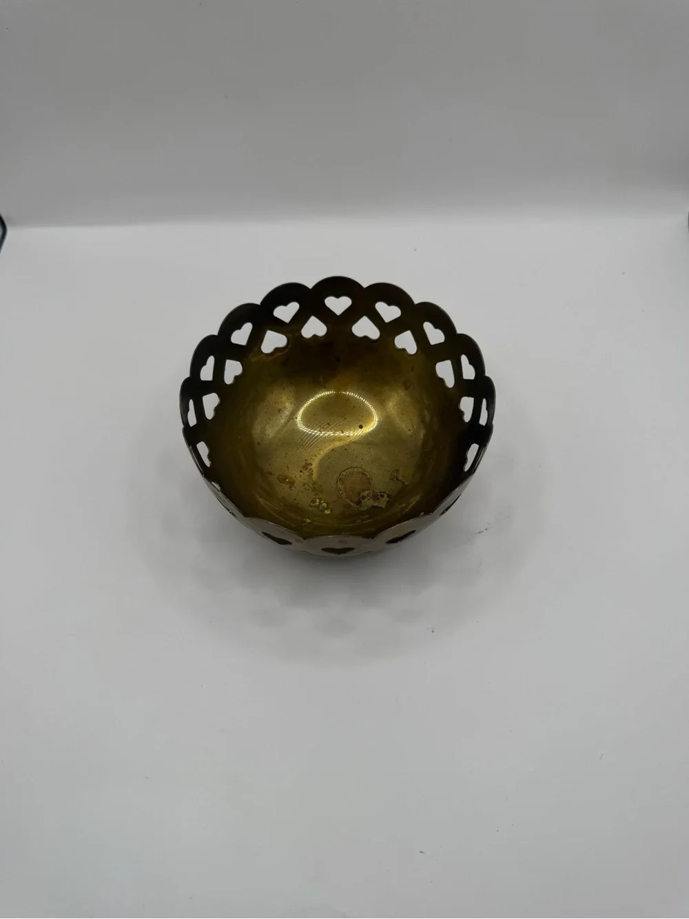 Vintage Brass Heart Cutout Scalloped Bowl Trinket Catchall Cottagecore